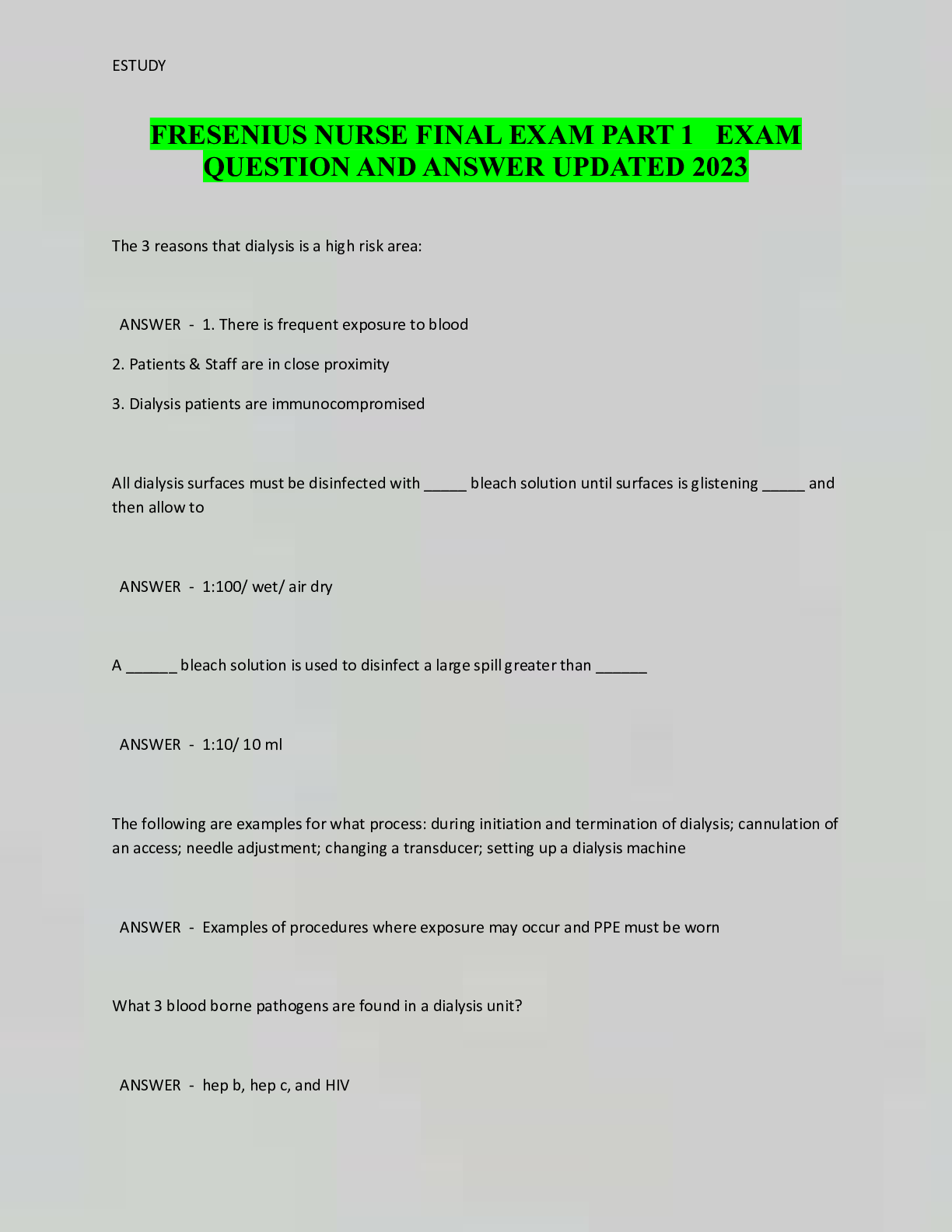 Preview image for Fresenius Nurse Final Exam Part 1 Questions And Answers